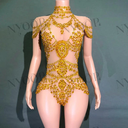The Stardust Mirage Transparent Bodysuit – Luxury Rhinestone Mesh Stage Wear Leotard