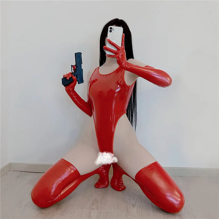 PVC Faux Leather High-Cut Open-Crotch Bodysuit & Matching Accessories