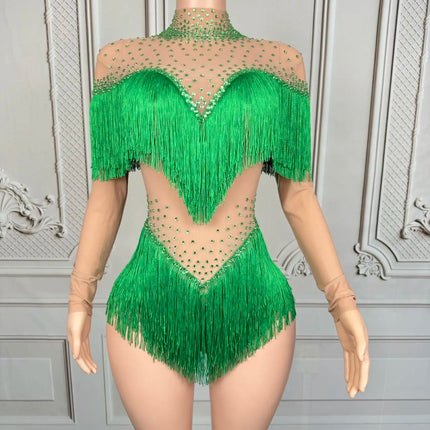 Sparkly Rhinestone Tassel Fringe Dance Performance Costume Stage Bodysuit
