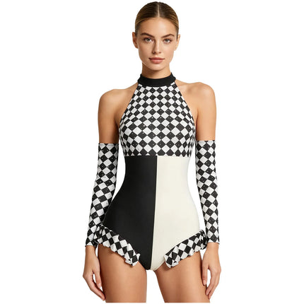 Circus Harlequin Clown Plaid Halter Bodysuit & Arm Sleeves 2-Piece Cosplay Costume Set