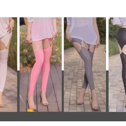 Hollow Out Buckle Shaper Oil Shiny Leggings Garter Belt Pencil Pants