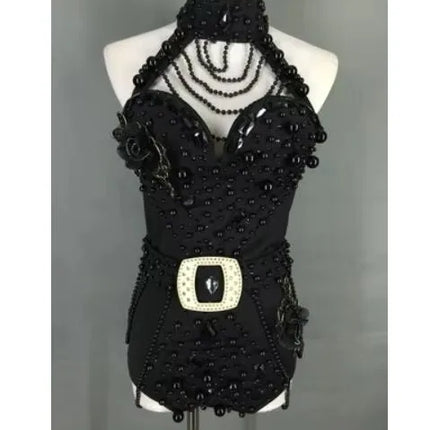 Red White Beading Halter Bodysuit Women Backless Dance Costume Nightclub Singer Stage Performance Outfit