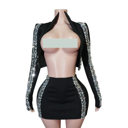 Crystal Rhinestone Halter Crop Top & Mini Skirt 2-Piece Stage Costume Set