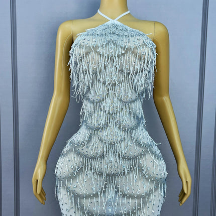 Silver Rhinestone Tassel Backless Stage Performance Mini Dress Party Gown