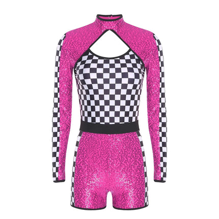 Sequin Checkerboard Car Racing Driver Costume Cutout Long Sleeve Romper Jumpsuit