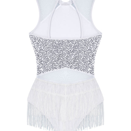Women Sequins Diamond Latin Jazz Dance Costume Sleeveless Cutout Back Flowy Tassel Dress Leotard Tango Cha-Cha Samba Dancewear