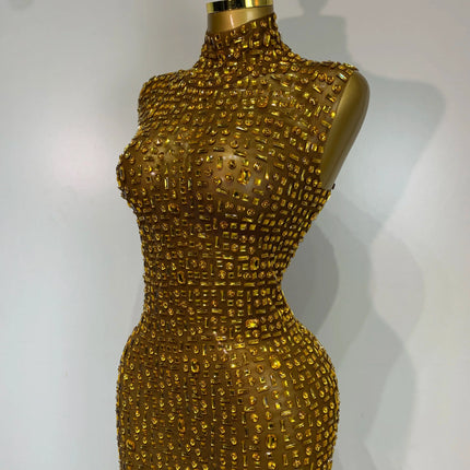Sparkly Rhinestone Sleeveless Maxi Long Dress See-Through Sheer Mesh Stage Outfit