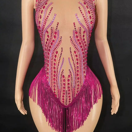 Sparkly Rhinestone, Sequin & Fringe Sleeveless Bodysuit Stage Performance Costume