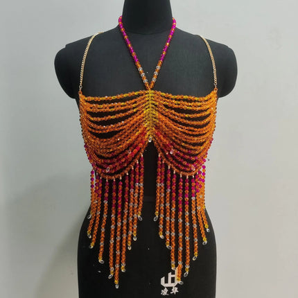 Handmade Multilayer Beaded Bra Chain & Vibrant Sunset Chest Harness