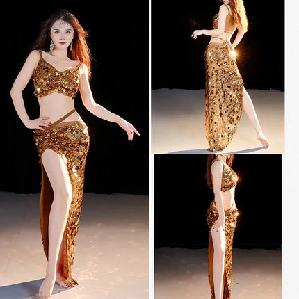 Sequin Oriental Belly Dance Top & Flowing Skirt 2-Piece Performance Set
