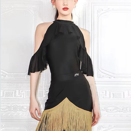 Black High-Neck Short-Sleeve Bodysuit & Gold Fringe Skirt Latin Dance Costume Set