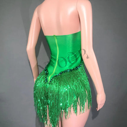 Sparkly Emerald Green Rhinestone Sequin Fringe Bodysuit Backless Stage Leotard