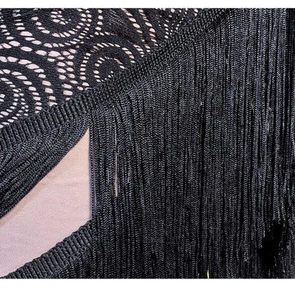 Black Fluffy Dance Leotard & Fringe Practice Skirt Latin Performance Costume Set