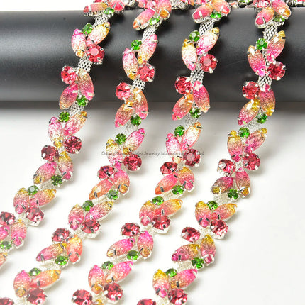 The Stardust Pink Blossom – Glitter Pink Leaf Glass Rhinestone Chain & Trim Applique