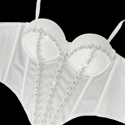 Pearl Embroidered Bustier Corset Crop Top High Street Evening Bralette