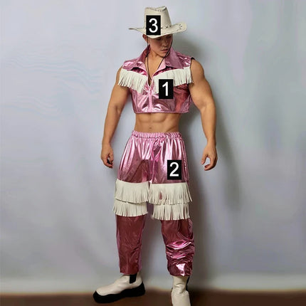 Men's Pink Western Cowboy Fringe Stage Outfit & Gogo Dance Performance Costume
