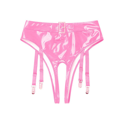 High-Waist Patent Leather Crotchless Thong & Garter Clip Lingerie