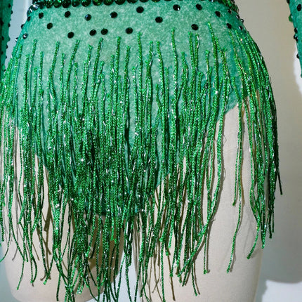 Rhinestone Tassel Mesh Performance Bodysuit
