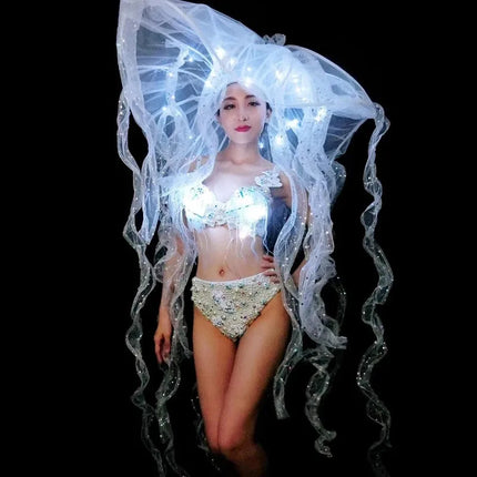 Pearl & Crystal Bustier Bikini Set & LED Illuminated Jellyfish Tentacle Headdress Stage Costume
