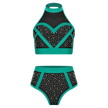 Rhinestone Halter Crop Top & High-Waist Briefs Set Sparkle Two-Piece Dance Set