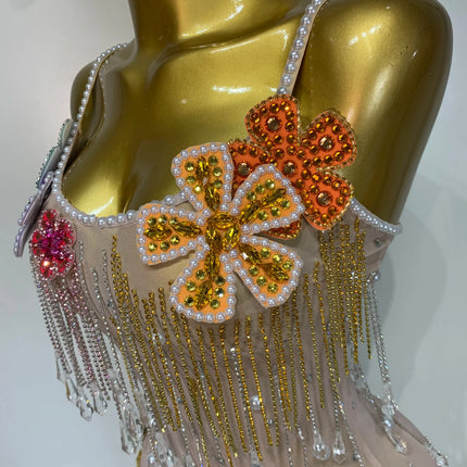 Colorful Rhinestone Pearl Sheer Dress & Two-Piece Mini Skirt Set Celebration Outfit