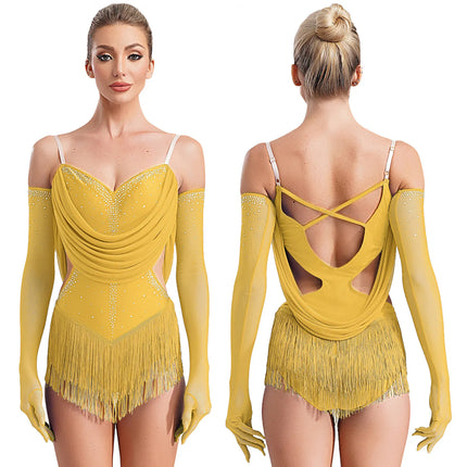 Sparkly Rhinestone & Tassel Fringe Dance Leotard with Gloves Two-Piece Stage Costume