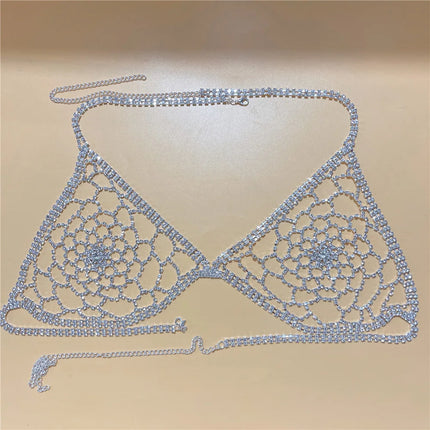 Dazzling Grid-Pattern Crystal Bikini Bra Chain & Tassel Skirt Set