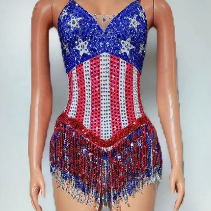 Sparkly Patriotic Rhinestone Sequin Tassel Bodysuit Americana Stage Leotard