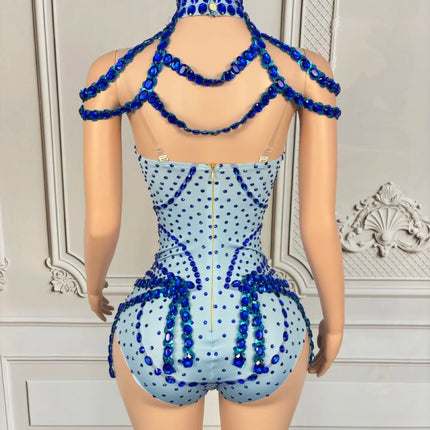 Sparkly Rhinestone Tassel Spandex Bodysuit Halter Dance Stage Costume Leotard
