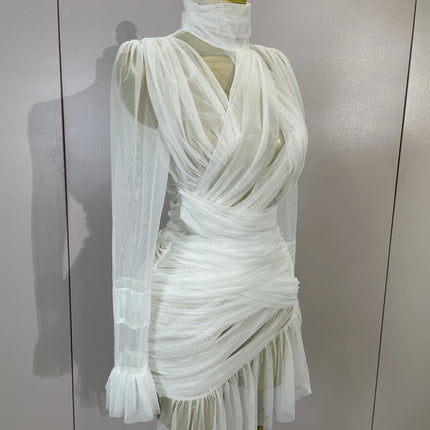 White High Collar Long Sleeve Solid Mesh Sexy See Through Ruffle Mini Dress