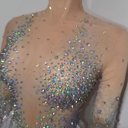 Iridescent Crystal Tassel Long Sleeve Sheer Mesh Stage Bodysuit Costume