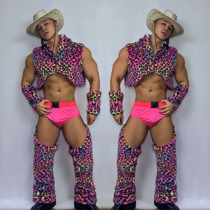 Men's Nightclub Party Performance Costume Pink Faux Fur Vest Hollow Pants Outfit