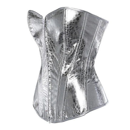 Gothic Metallic Faux Leather Overbust Corset Shiny Steel-Look Bustier