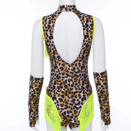 Leopard Cutout Bodysuit & Fringe Sleeves 2-Piece Latin Ballroom Stage Costume Set