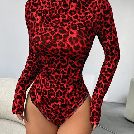 Leopard Print Long-Sleeve Stand Collar Bodysuit Sexy Cutout Stage One-Piece