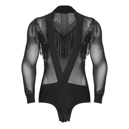 Men's Latin Salsa Sequin Tassel & Rhinestone V-Neck Performance Leotard Bodysuit