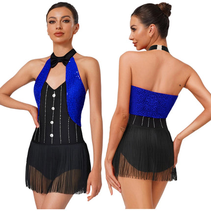 The Stardust Tuxedo Tassel Bodysuit – Luxury Sequins & Rhinestone Showgirl Leotard