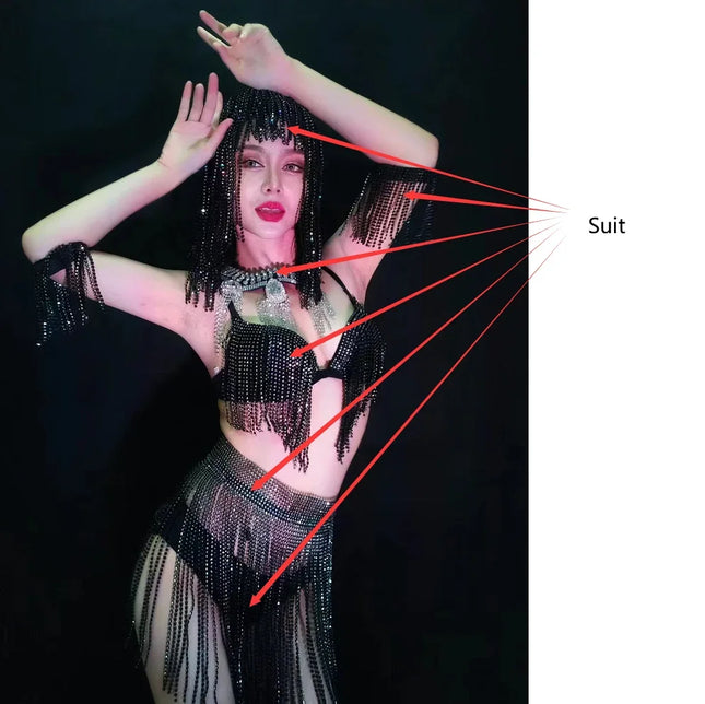 Luxury Crystal Tassel Bikini & Wig Performance Set – Premium Showgirl Stage Costume for GoGo Dancers, Nightclub DJs & Rave Outfits