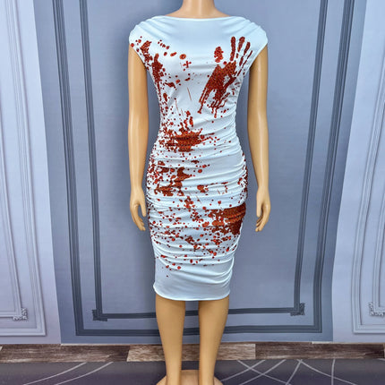 Blood Splatter Rhinestone Ruched Midi Dress Sleeveless Halloween Stage Costume
