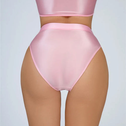 High-Waist Oil Glossy Sheer G-String Thong Satin Smooth Seamless Briefs