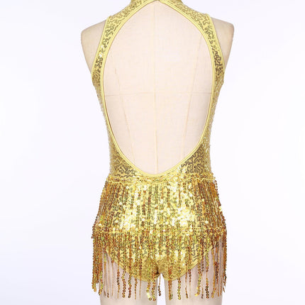 Glitter Sequin Fringe Latin Dance Leotard & Backless Performance Bodysuit