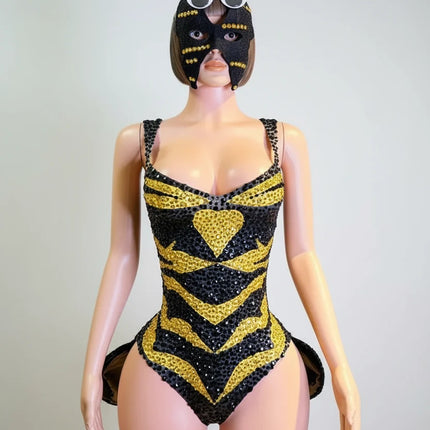 Prismatic Crystal Cutout High-Cut Bodysuit Sparkly Geometric Rhinestone Stage Costume