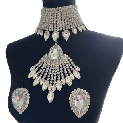 Oversized Crystal Rhinestone Tassel Choker & Earrings Drag Queen Jewelry Set