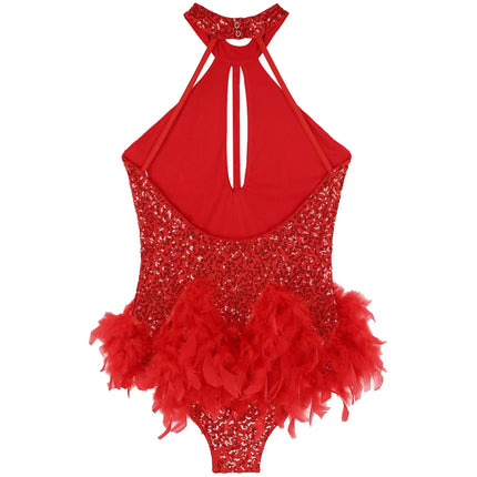 The Stardust Empress Royale – Sequined & Feathered Latin Dance Leotard Dress