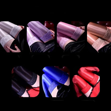 80D Lace Trim Oil Shiny Thigh-High Stockings Glossy Shaping Lingerie Stockings