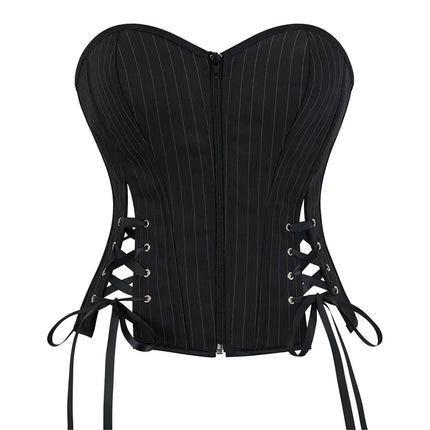Black Striped Overbust Corset Top Zipper Front Lace-Up Bustier Body Shaper