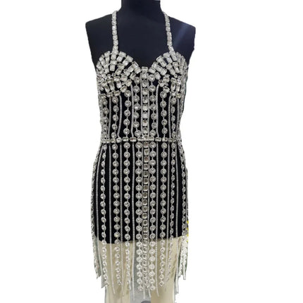 Sparkly Glass Crystal Tassel Body Chain Dress Drag Queen Stage Backless Mini Skirt
