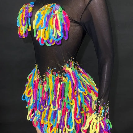 Rainbow Crystal Rhinestone Bodysuit Cascading Fringe Tassel Long-Sleeve Stage Costume
