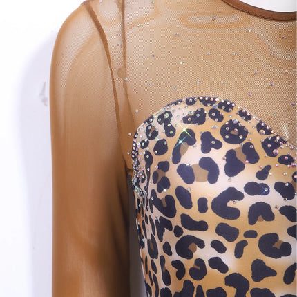 Leopard Rhinestone Fringe Latin Dance Bodysuit Mesh Long Sleeve Stage Performance Dress