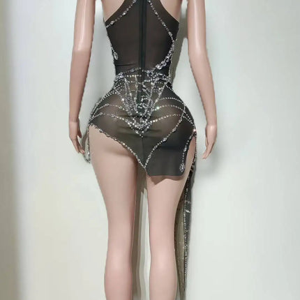 Sparkly Silver Rhinestone Spider Web Mesh Stage Performance Costume Set